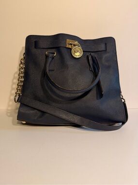 Michael Kors Navy Saffiano Satchel with Gold Accent